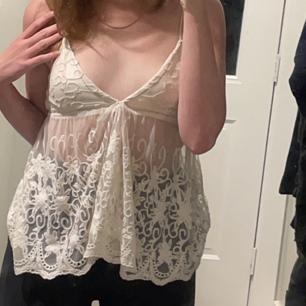 Upcycled white mesh lace tank top